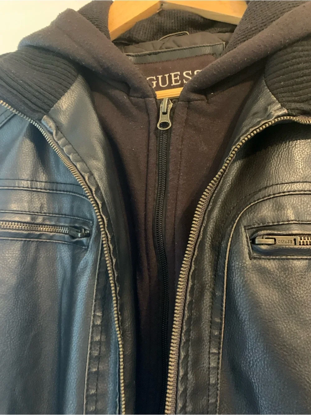 GUESS Brown Leather Bomber Jacket with Hooded Liner